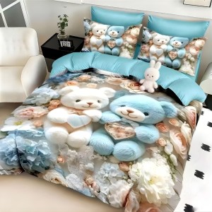 Lenjerie pat dublu, FINET, Imprimeu Digital 5D - Identic cu poza, Cu ELASTIC, 6 piese, Crem, Bleu, ursuleti Lenjerie pat dublu, FINET, Imprimeu Digital 5D - Identic cu poza, Cu ELASTIC, 6 piese, Crem, Bleu, ursuleti