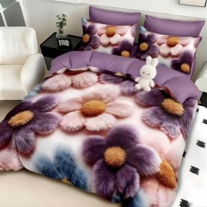 Lenjerie pat dublu, FINET, Imprimeu Digital 5D - Identic cu poza, Cu ELASTIC, 6 piese, Roz, Mov, flori pufoase Lenjerie pat dublu, FINET, Imprimeu Digital 5D - Identic cu poza, Cu ELASTIC, 6 piese, Roz, Mov, flori pufoase