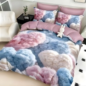 Lenjerie pat dublu, FINET, Imprimeu Digital 5D - Identic cu poza, Cu ELASTIC, 6 piese, Roz, Alb, Bleu, norisori pufosi Lenjerie pat dublu, FINET, Imprimeu Digital 5D - Identic cu poza, Cu ELASTIC, 6 piese, Roz, Alb, Bleu, norisori pufosi