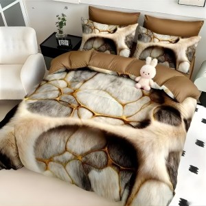 Lenjerie pat dublu, FINET, Imprimeu Digital 5D - Identic cu poza, Cu ELASTIC, 6 piese, Bej, blanita, abstract Lenjerie pat dublu, FINET, Imprimeu Digital 5D - Identic cu poza, Cu ELASTIC, 6 piese, Bej, blanita, abstract