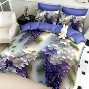 Lenjerie pat dublu, FINET, Imprimeu Digital 5D - Identic cu poza, Cu ELASTIC, 6 piese, Mov, flori liliac Lenjerie pat dublu, FINET, Imprimeu Digital 5D - Identic cu poza, Cu ELASTIC, 6 piese, Mov, flori liliac