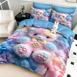 Lenjerie pat dublu, FINET, Imprimeu Digital 5D - Identic cu poza, Cu ELASTIC, 6 piese, Roz, Bleu, ursulet de plus Lenjerie pat dublu, FINET, Imprimeu Digital 5D - Identic cu poza, Cu ELASTIC, 6 piese, Roz, Bleu, ursulet de plus