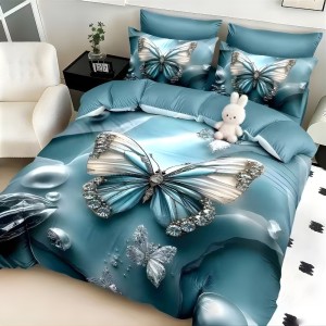 Lenjerie pat dublu, FINET, Imprimeu Digital 5D - Identic cu poza, Cu ELASTIC, 6 piese, Turcuaz, fluture Lenjerie pat dublu, FINET, Imprimeu Digital 5D - Identic cu poza, Cu ELASTIC, 6 piese, Turcuaz, fluture