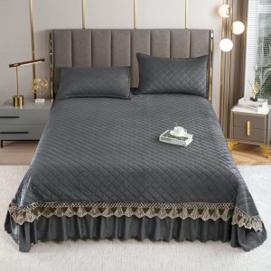 Cuvertura pat dublu, 3 piese, Catifea Matlasata cu Broderie, Negru