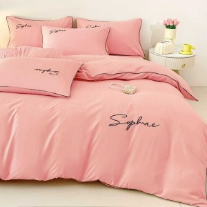 Lenjerie pat dublu, Finet Soft Touch cu Broderie, 6 piese, Roz