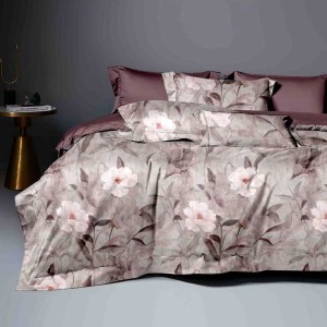 Lenjerie pat dublu cu ELASTIC, Finet, 6 piese, Bej, flori