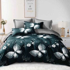 Lenjerie pat dublu cu ELASTIC, Finet, 6 piese, Verde, fluturi