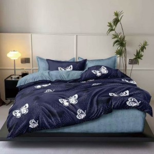 Lenjerie pat dublu cu ELASTIC, Finet, 6 piese, Albastru, fluturi