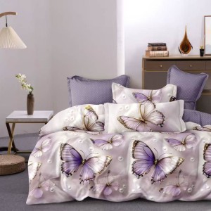 Lenjerie pat dublu cu ELASTIC, Finet, 6 piese, Lila, fluturi