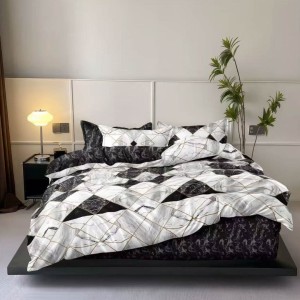 Lenjerie pat dublu cu ELASTIC, Finet, 6 piese, Alb, Negru, forme geometrice