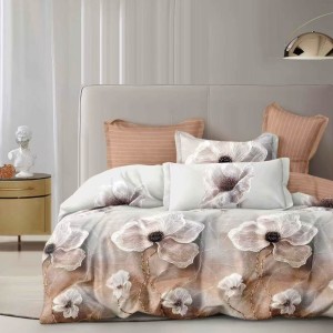 Lenjerie pat dublu cu ELASTIC, Finet, 6 piese, Bej, flori