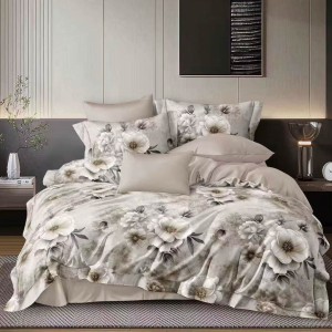 Lenjerie pat dublu cu ELASTIC, Finet, 6 piese, Bej, flori