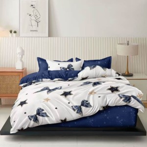 Lenjerie pat dublu cu ELASTIC, Finet, 6 piese, Alb, Albastru, stelute si fundite