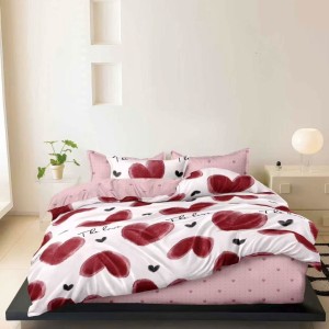 Lenjerie pat dublu cu ELASTIC, Finet, 6 piese, Roz, inimioare