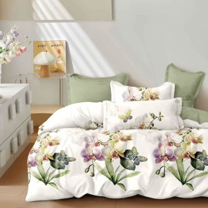 Lenjerie pat dublu cu ELASTIC, Finet, 6 piese, Crem, Verde, flori Lenjerie pat dublu cu ELASTIC, Finet, 6 piese, Crem, Verde, flori