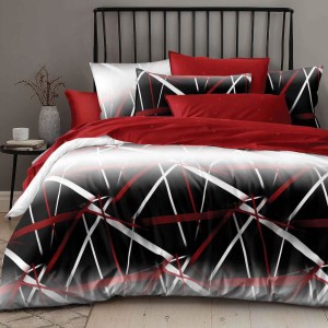 Lenjerie pat dublu cu ELASTIC, Finet, 6 piese, Rosu, Alb, Negru, dungi