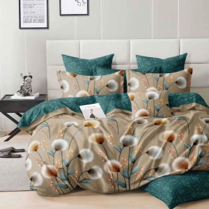 Lenjerie pat dublu cu ELASTIC, Finet, 6 piese, Verde, Bej, flori