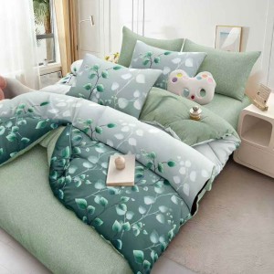 Lenjerie pat dublu cu ELASTIC, Finet, 6 piese, Verde, frunze