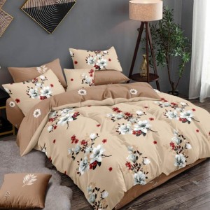 Lenjerie pat dublu cu ELASTIC, Finet, 6 piese, Bej, flori Lenjerie pat dublu cu ELASTIC, Finet, 6 piese, Bej, flori