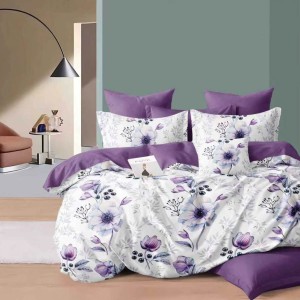 Lenjerie pat dublu cu ELASTIC, Finet, 6 piese, Alb, Mov, flori Lenjerie pat dublu cu ELASTIC, Finet, 6 piese, Alb, Mov, flori