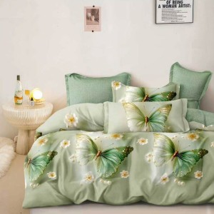 Lenjerie pat dublu cu ELASTIC, Finet, 6 piese, Verde, fluturi Lenjerie pat dublu cu ELASTIC, Finet, 6 piese, Verde, fluturi