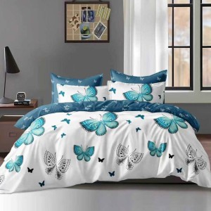 Lenjerie pat dublu cu ELASTIC, Finet, 6 piese, Alb, Turcuaz, fluturi