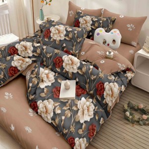 Lenjerie pat dublu cu ELASTIC, Finet, 6 piese, Gri, Bej, flori