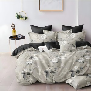 Lenjerie pat dublu cu ELASTIC, Finet, 6 piese, Gri, flori Lenjerie pat dublu cu ELASTIC, Finet, 6 piese, Gri, flori