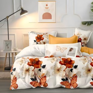 Lenjerie pat dublu cu ELASTIC, Finet, 6 piese, Crem, flori Lenjerie pat dublu cu ELASTIC, Finet, 6 piese, Crem, flori