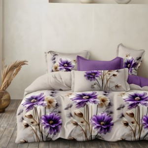 Lenjerie pat dublu cu ELASTIC, Finet, 6 piese, Gri, Mov, flori Lenjerie pat dublu cu ELASTIC, Finet, 6 piese, Gri, Mov, flori