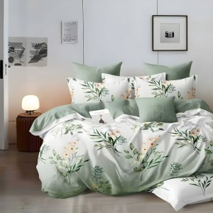 Lenjerie pat dublu cu ELASTIC, Finet, 6 piese, Verde, flori Lenjerie pat dublu cu ELASTIC, Finet, 6 piese, Verde, flori