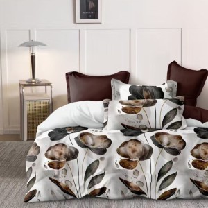 Lenjerie pat dublu cu ELASTIC, Finet, 6 piese, Gri, flori Lenjerie pat dublu cu ELASTIC, Finet, 6 piese, Gri, flori