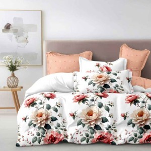 Lenjerie pat dublu cu ELASTIC, Finet, 6 piese, Alb, Roz, flori