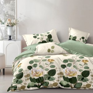 Lenjerie pat dublu cu ELASTIC, Finet, 6 piese, Crem, Verde, flori