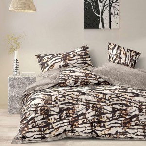 Lenjerie pat dublu cu ELASTIC, Finet, 6 piese, Crem, Maro, animal print abstract