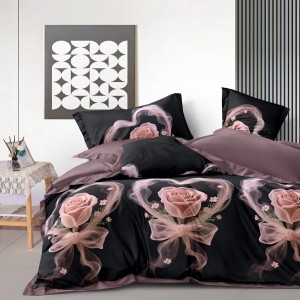 Lenjerie pat dublu cu ELASTIC, Finet, 6 piese, Negru, trandafiri roz