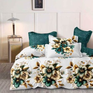 Lenjerie pat dublu cu ELASTIC, Finet, 6 piese, Alb, Turcuaz, flori
