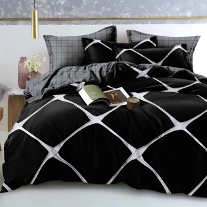 Lenjerie pat dublu cu ELASTIC, Finet, 6 piese, Negru, romburi