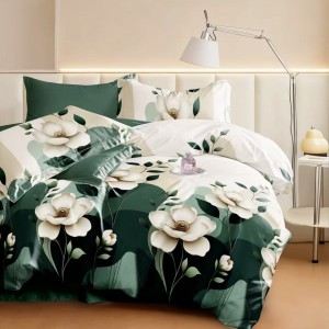 Lenjerie pat dublu cu ELASTIC, Finet, 6 piese, Verde, flori