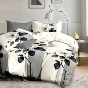 Lenjerie pat dublu cu ELASTIC, Finet, 6 piese, Crem, Gri, flori