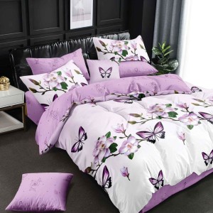 Lenjerie pat dublu cu ELASTIC, Finet, 6 piese, Alb, Lila, fluturi Lenjerie pat dublu cu ELASTIC, Finet, 6 piese, Alb, Lila, fluturi