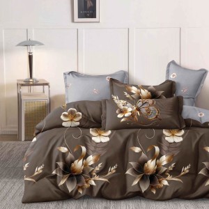 Lenjerie pat dublu cu ELASTIC, Finet, 6 piese, Maro, flori