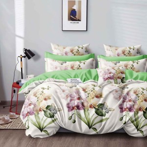 Lenjerie pat dublu cu ELASTIC, Finet, 6 piese, Crem, Verde, flori