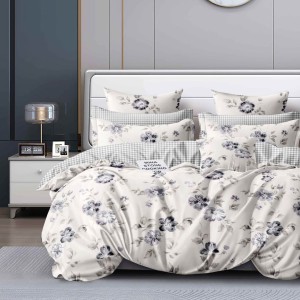 Lenjerie pat dublu cu ELASTIC, Finet, 6 piese, Crem, flori