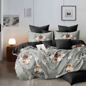 Lenjerie pat dublu, Finet, 6 piese, Gri, floricele