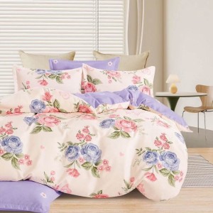 Lenjerie pat dublu, Finet, 6 piese, Crem, Lila, floricele