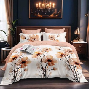 Lenjerie pat dublu, Finet, 6 piese, Crem, flori