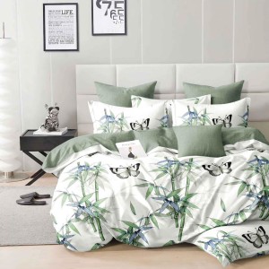 Lenjerie pat dublu, Finet, 6 piese, Alb, Verde, fluturi