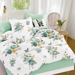 Lenjerie pat dublu, Finet, 6 piese, Alb, Verde, flori