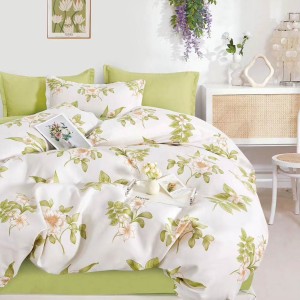 Lenjerie pat dublu, Finet, 6 piese, Alb, Verde, flori